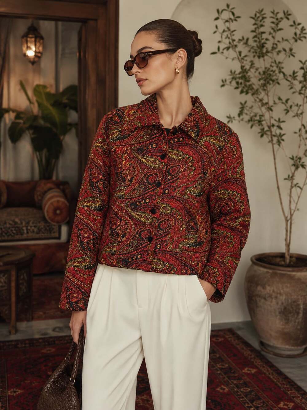 Vintage Maggie L Red Paisley 100% Silk Quilted Jacket Blazer Size 12 Boho